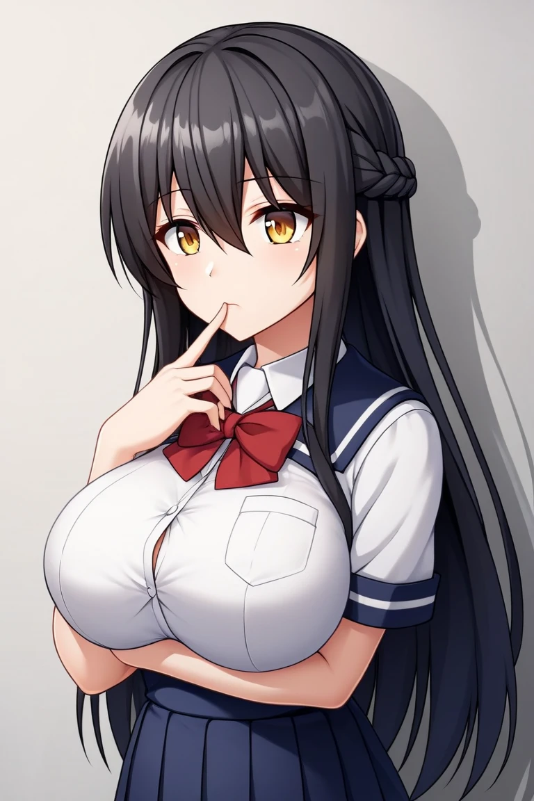 Upper body close-up,Head yoke,Position with hands fixed beside neck,Breasts placed on the table,Exposed breasts punishment,A woman who receives the punishment of exposing her breasts,Big Breasts,Boobs on a wooden board,high school girl,Handcuffs,Completely naked,Black socks,Ribbon tie,Black Hair,Hime cut,Japanese,Upper body close-up,Whole school assembly