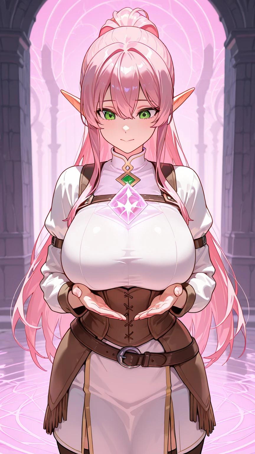 (Highest quality,An unparalleled masterpiece:1.4),Ultra-Detailed CG 4K,(Ultra detailed, clear and stunningly vibrant large golden eyes:1.2),Gorgeous rounded detailed face(Sensual:1.4)human(Huge breasts:1.8)(Voluminous long pink hair: 1.4),Adult(bangs, Side Lock:1.2)Fascinating(Beautifully crafted dress:1.3)(Zelda)(Celestine Lucullus: 1.2)(alone:1.4)(One girl: 0.5)(In-person audience:1.2)(Put your arms behind your back:1.2)(Cowboy Shot:1.2)(From above:1.1),Skin Dentition(Curvaceous:1.4)(Curvy:1.4)(Slut: 1.4)(Standard waist: 1.2)(Thick lips: 1.3)Small Nose(A light smile: 1.2)rock,wood, plant,Bush, (Blush with embarrassment:1.4) Dynamic pose