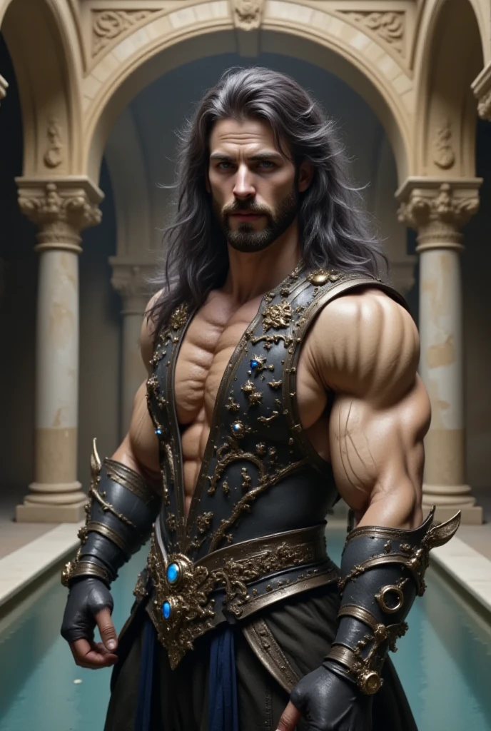Mature man, Muscular and long haired, Wearing battle armor,, Moon Background, Surreal, Fantasy, Magic, Intricate details, Elevation, (Dynamic upper body posture: 1.1), Dramatic lighting,  Depth of written boundary. Highest quality, masterpiece, Ultra-high resolution, (Anime Realism, Realistic: 1.4), Perfect composition, Centered, Symmetric