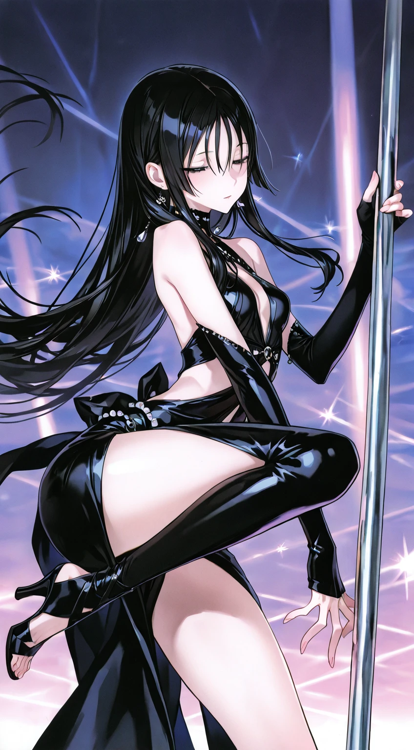 masterpiece, best quality 1boy, solo, trap, beautiful femboy, bangs, black hair, very long hair, hime cut, blue eyes, deep blush, grin, black dog collar, black playboy bunny outfit, cowboyshot, looking at viewer, strip club background