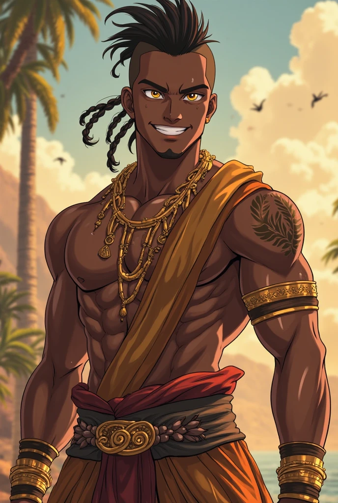 Athletic muscles African femboy, male with femenine face, dark skin, thick lips, has hazel eyes, many tattoos over entire body, loincloth, sea shell jewellery, shark teeth necklace, long untamed dreadlocks