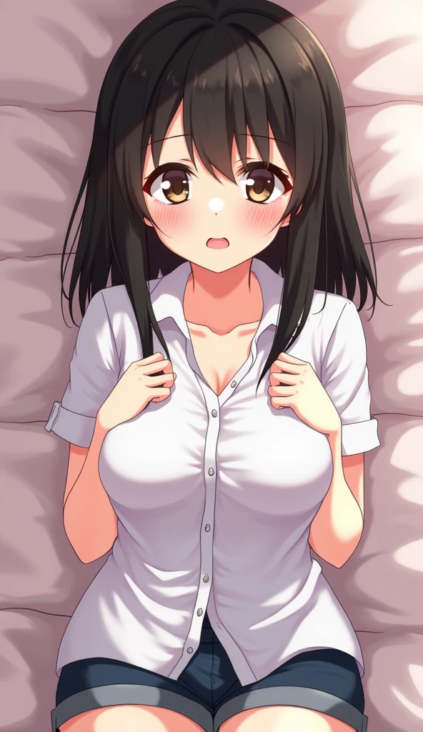 shinkai makoto, kimi no na wa., 1girl, bed sheet,bangs, black hair, closed eyes, long hair , blush, breasts, medium breast, brown eyes, upper body, white short sleeve shirt, shirt lift up, open shirt, nipples , pink nipples, open mouth, cowboy shot, groin, lying, medium breasts, on back, vagina, bedroom, POV (POV naked boy's two hands touching girl's chest POV)