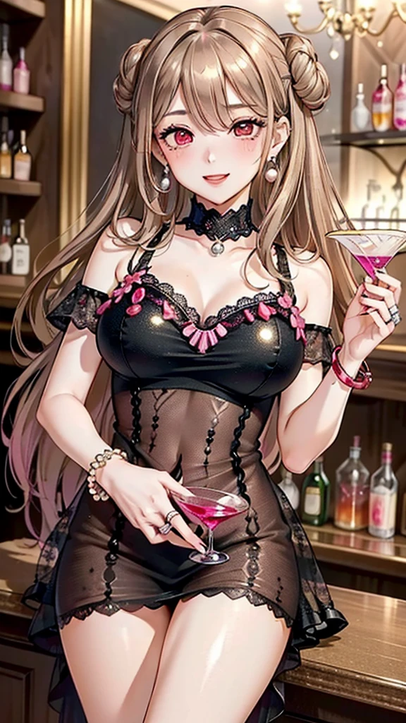 masterpiece, best quality, 1girl, under boob cutout, cutout clothes, fancy dress, indoor, luxury, room, holding a fancy drinks, red wine, accessories, necklace, window,, , purple eyes, , fang,, close angle,from below, sexy and cute pose, breasts focus, glitter effects, slingshot dress