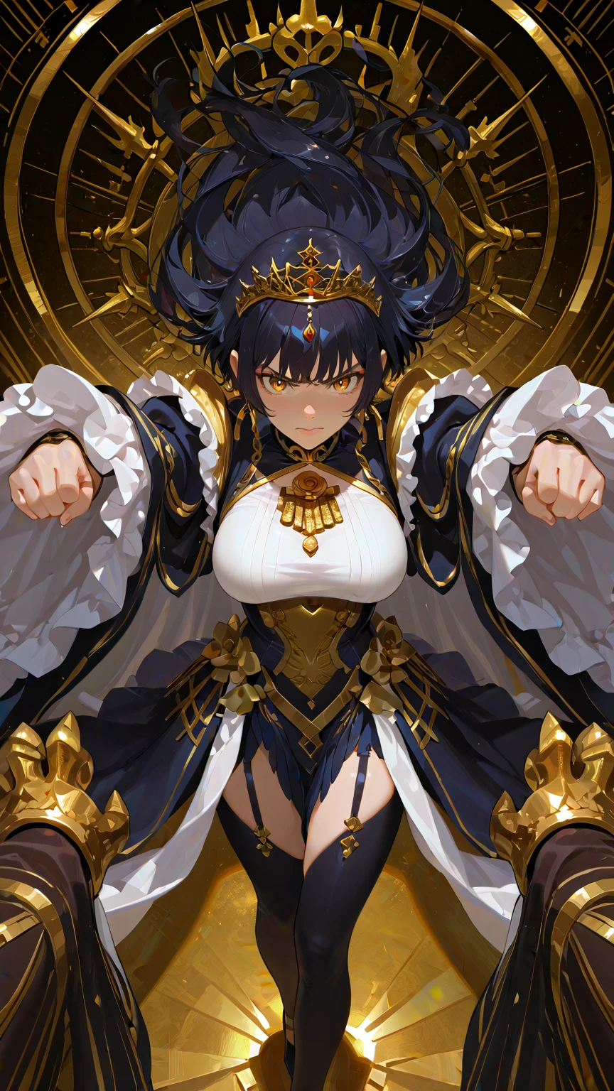 Golden bikini armor, golden crown, bare belly, big breasts, blue hair, red eyes, bikini armor, gold