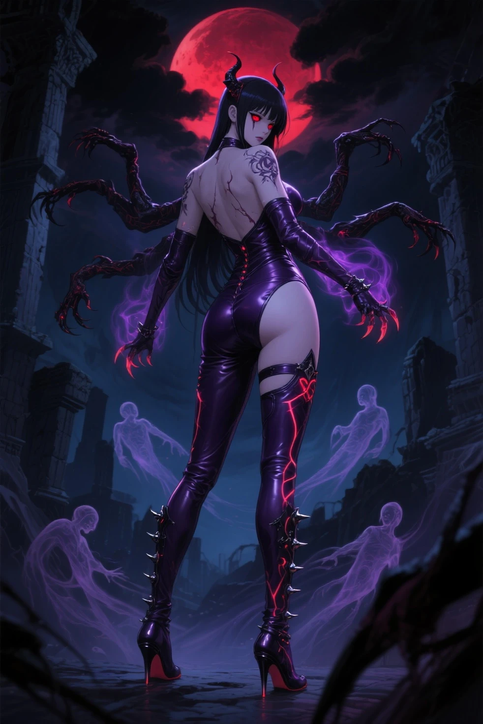 (((Create one girl 16+ years old.), (realistic), (close-up), (stands all tall)), ((Dark and mysterious), (Night, rain blood, gothic anime girl)))_(( (Gothic unusual masterpiece of art)),((ominous clouds, hauntingly beautiful, ethereal moonlight, eerie shadows))_((Beautiful figure, half-turn 16+ years),(realistic)),((small peach breasts, graceful figure, narrow waist, smooth hips)),((long double braids),(tight braids), (braided hair),(dark hair)),((red lips)), ((smile)))_ ((((Shiny skin:1.5, white skin, light skin: 1.5)),((sexy),(erotic),(cute),(nsfw)))_(((Bare shoulders, black lace dress)),(((black chiffon dress, very short dress, tight-fitting), (black), (transparent lace dress)),((stands almost completely naked, tattoos)))_(((Arms in elbow pads, palms in tactical gloves),(bare thighs, stomach )),((legs in combat knee pads, thigh-high stockings)), ((chunky leather lace-up boots)))_(((Impressive artistry, exquisite detail, dramatic lighting, vibrant red hues), (stunning lily flowers, red with black), (sinister lily flowers, strange symbols, surreal elements))_((Strong contrasts, eerie, artistic masterpiece, detailed textures, dark color palette, foreboding horror)))_(((Digital painting, anime style , cyberpunk), (best quality, 4k, high resolution, masterpiece: 1.2)),((ultra detail)),((realistic, photorealistic, photorealistic: 1.37)))_(((Soft clear shapes, wide strokes, attention to details)))_(((High quality, 16K | Ultra HD | Full HD))).
