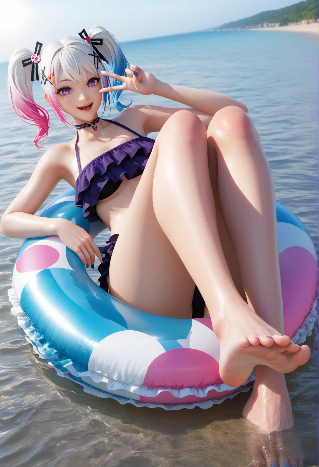 Anime girl in bikini sitting on a beach chair with an umbrella, roupa de banho, Realistic bikini, Impacto de Ayaka Genshin, is wearing a swimsuit, de s da linha de frente, na praia, Melhor Avaliado em Pixiv, Trend in CGTacing:, pixiv 3dcg |, ayaka jogo genshin impact, Relaxando na praia, menina sedutora, Marin Kitagawa Fanart