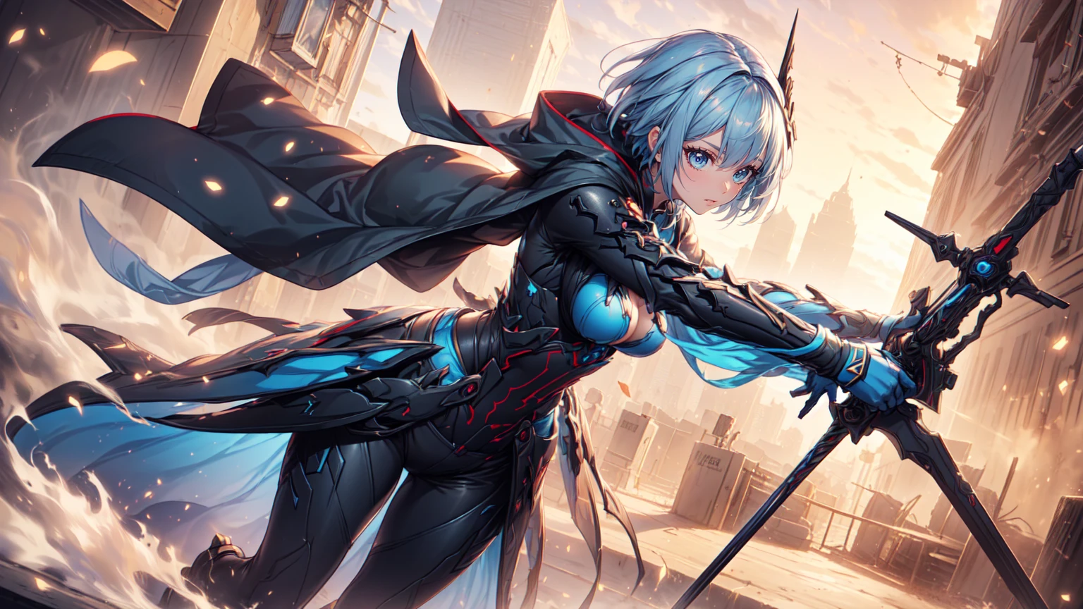 A girl fighting in a futuristic city，She has short silver hair and cold blue eyes.．The girl is wearing stylish armor．There is a black cat at the girl&#39;s feet.．The black cat is watching over the girl．The girl looks as if she has made up her mind about something.．