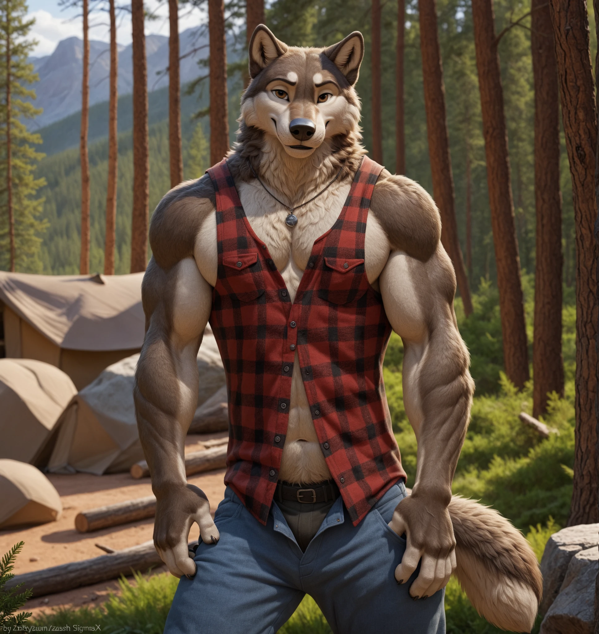 Dog, German shepherd, muscular, tall, huge, (((big pecs))), handsome, plaid shirt, unbutton shirt, lumberjack, forest, (((realistic, 8k, ultra details, masterpiece)))