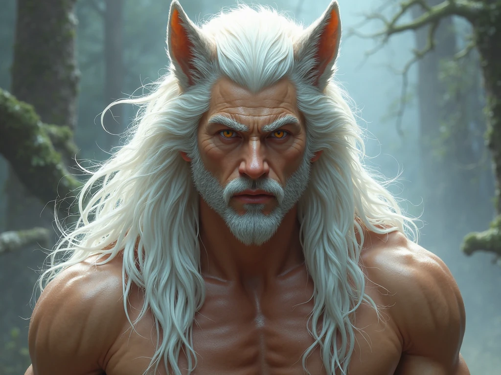 male with wolf ears and a wolf tail, long white hair with flowing long locks, has light beard, shirtless, wearing fingerless gloves, wearing worn jeans, is sweaty