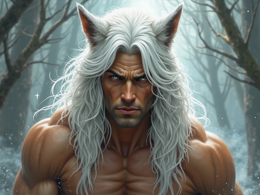 Man with a tail and white tiger ears, White hair, Look at Amber with big eyelashes , large breasted, with muscle , cute face
