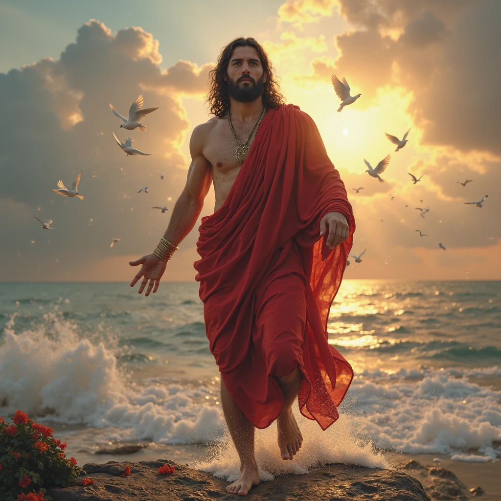 This image depicts a painting of a boat with a person standing in the water in telephoto. It is Jesus Christ walking on water with his arms outstretched upwards worshiping heaven. The scene is peaceful, with clouds in the sky combining the colors sky blue and sunset orange and a sense of tranquility. The colors of the painting are mainly earth tones, with warm orange accents.