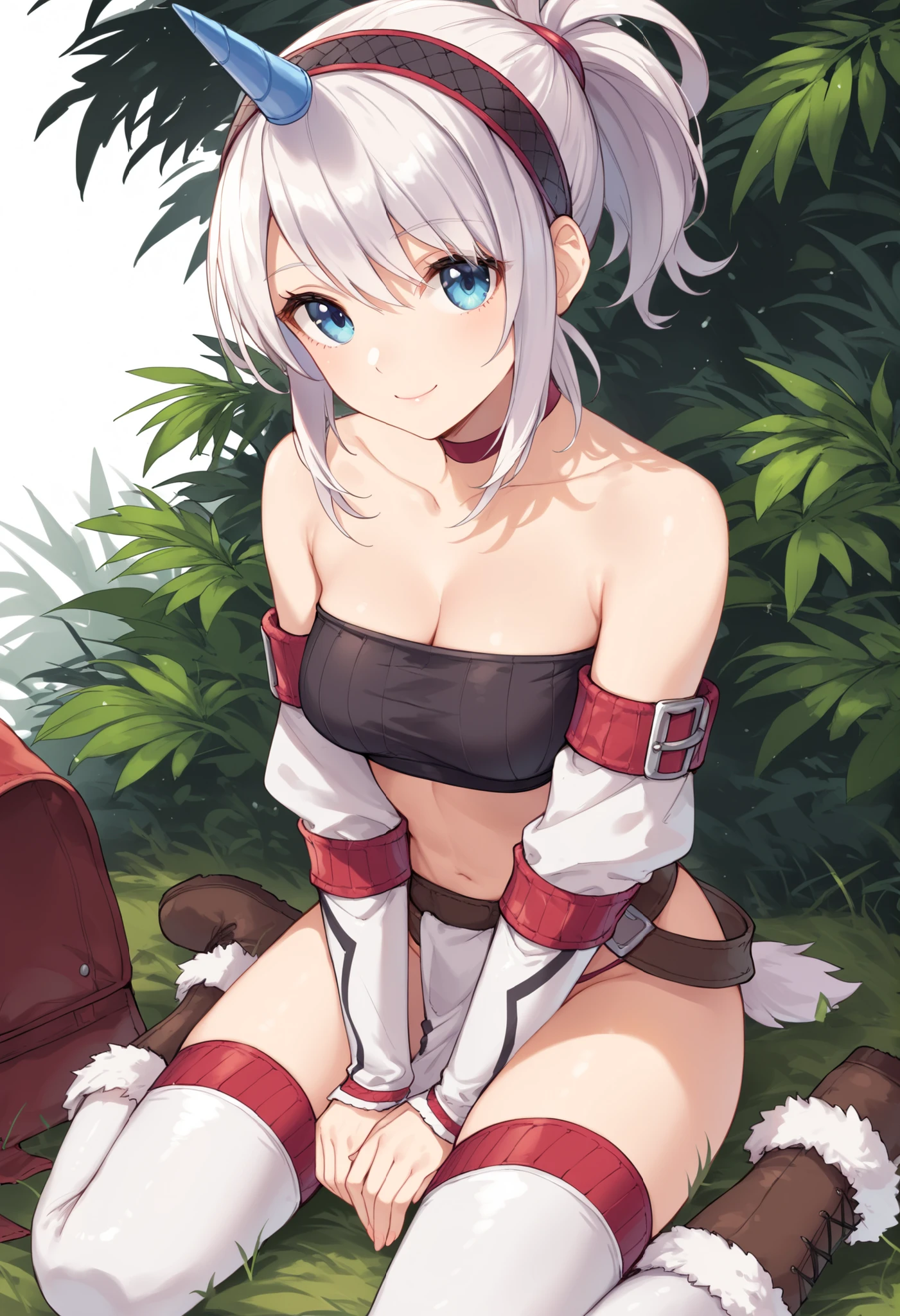 (score_9:0.9),score_8_up,score_7_up,rating_explicit,anime_style,(zPDXL),kirin beta armor,white single horn hairband,white detached sleeves,oung_girl,solo,blue eyes,looking at viewer,sitting,smile,plain_background,medium breasts,,closed mouth,collarbone,black bandeau,white loincloth,BLAKE,medium_breasts,white_knee_boots, camp, campdire,black_knee_highs ,white_tubetop,open_legs,(abs:0.7),(spikey_hair:1.4),white_hair,white_chest_armor,white_fur_waste_armor,