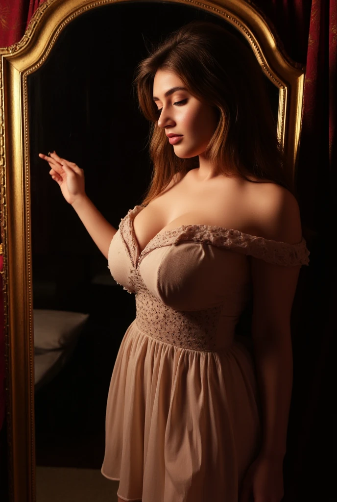 Sophia Lillis, thick woman, long wavy hair, photograph quality, eyeshadow and lipstick, Photo Booth poses, tight long dress, grinning, cleavage