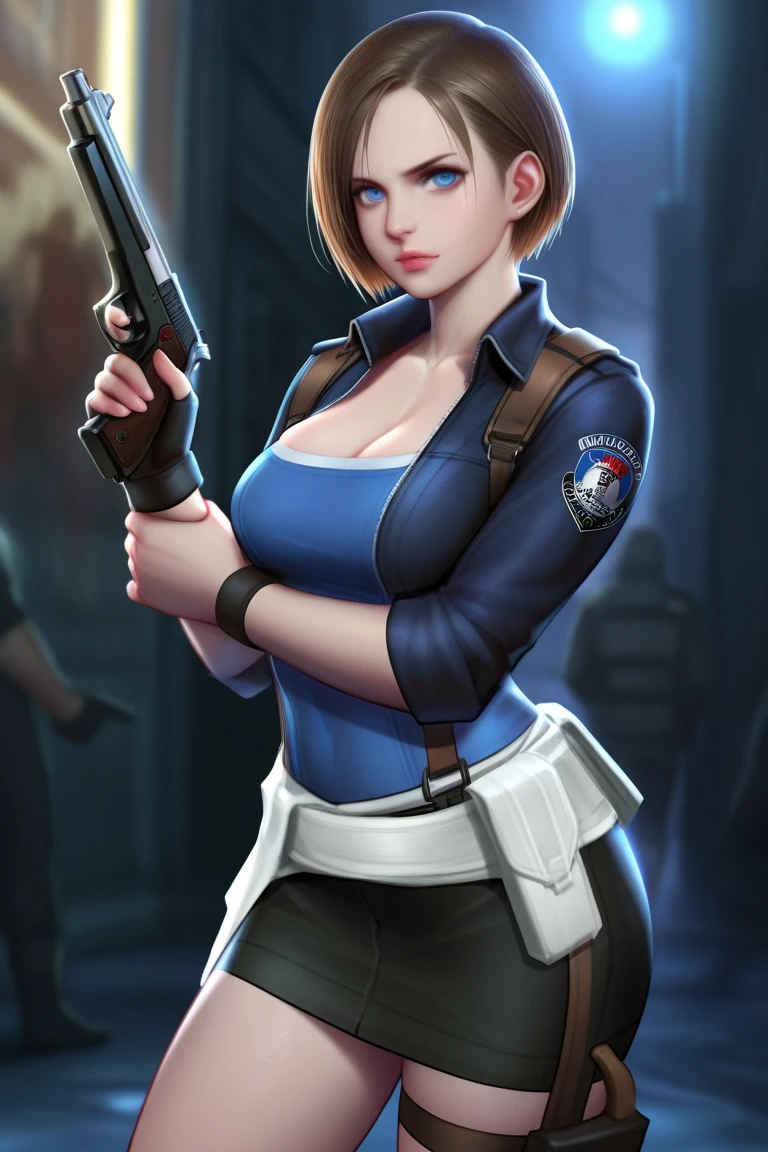 1 girl, blonde, final fantasy, lunafreya, blue dress, holding a pair of guns