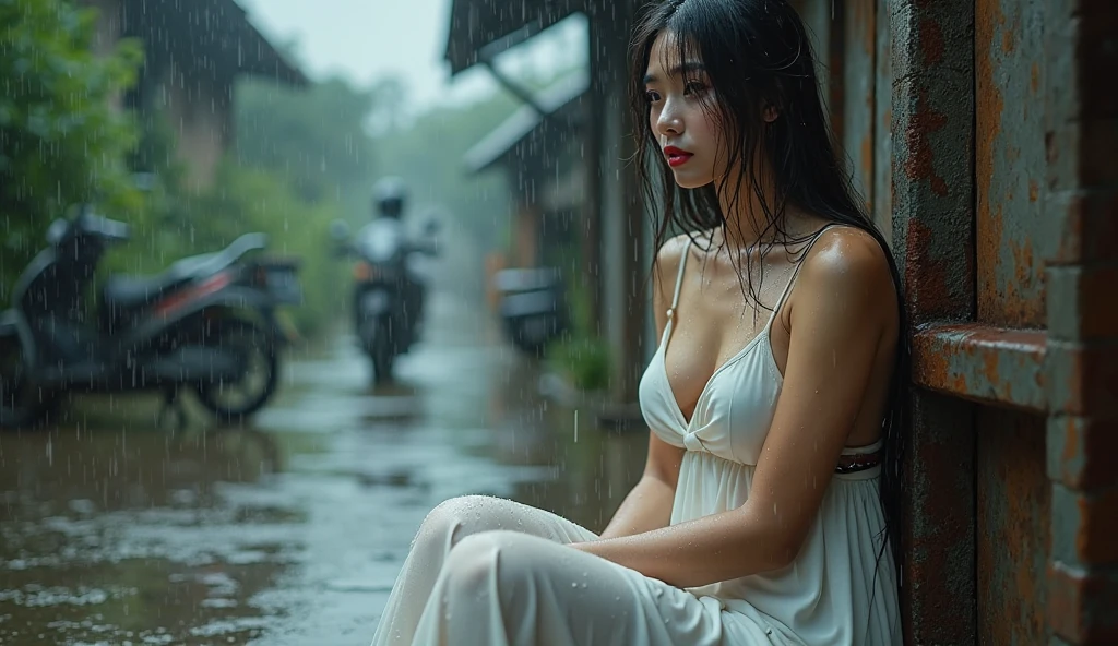 ((bra inside, big breasts, beautiful breasts, sitting in the rain, 8k quality photo with good details))