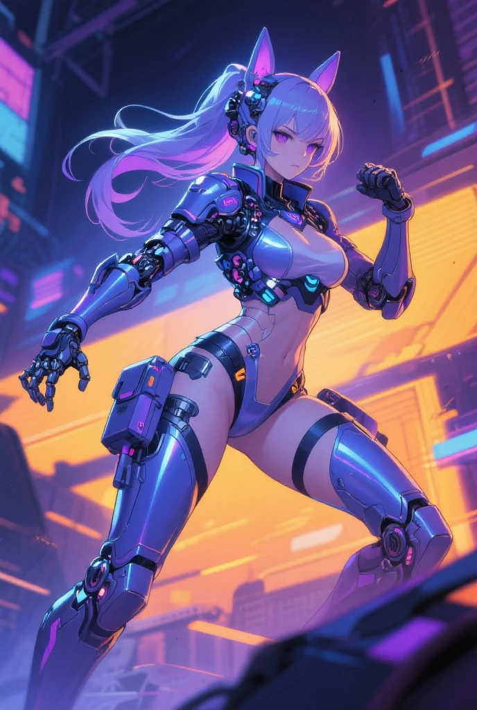Masterpiece, Best Quality, Girls, Slender, Red Eyes, Hair Color, Iridescent, Long Hair Spreading,Cyberpunk, White Skin, ghost in the shell style, Medium, Cute, Sexy, Near Future, Bikini, Exposed Skin, Night, Psychedelic, Trip, Extreme Color, Paisley Theme, Open Legs, Mechanical Left Arm, Full Body