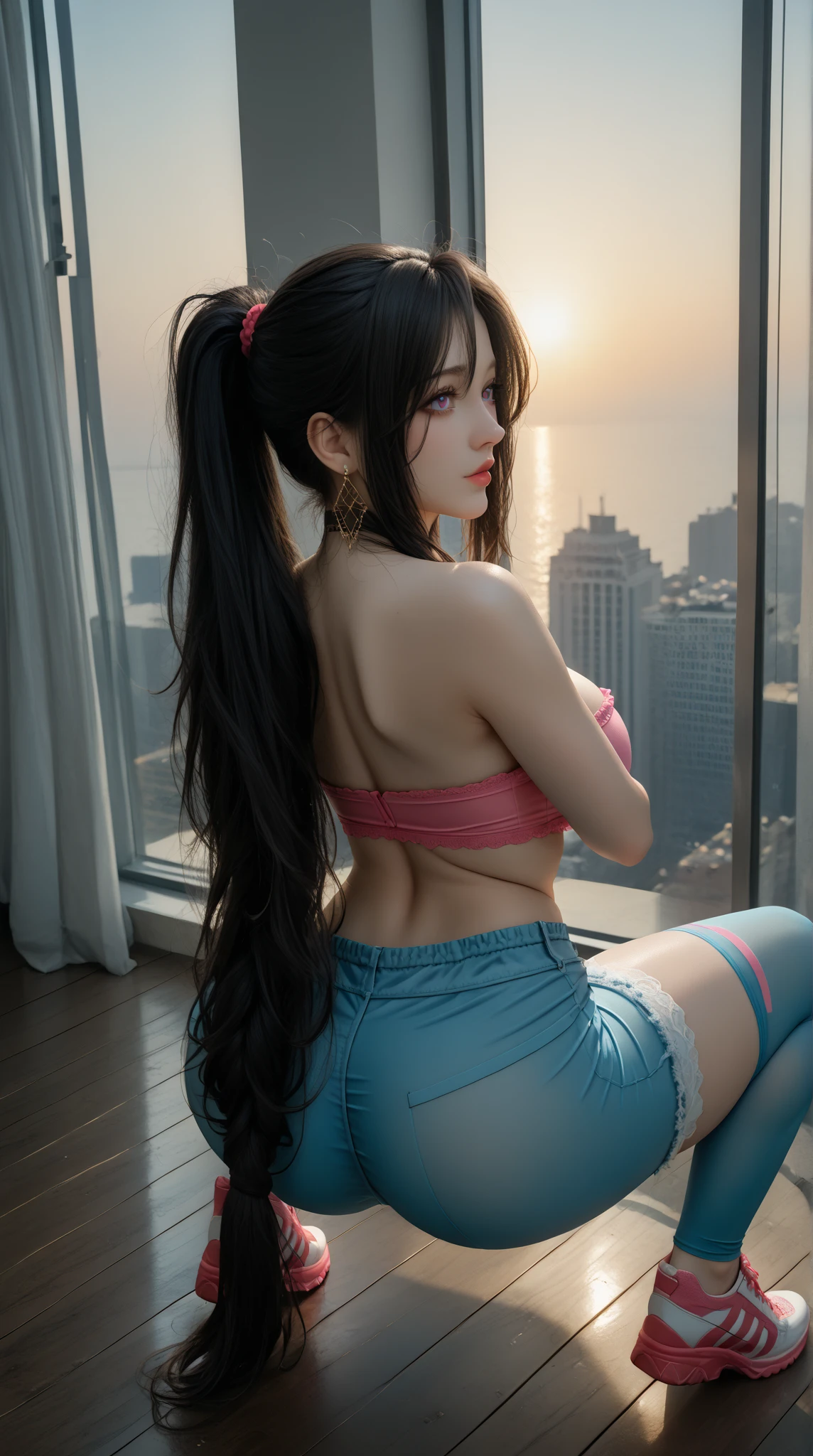 Big breasts ((Sexy 20 year old woman)) ((curly hair in long braids、poneyTail)), ((Crystal Blue Eyes)), Very sexy body, ((Sexy floral woman white camisole crop top long sleeves)), (( Short Ripped Denim Shorts)), Red lips, Perfect lips, Shy, Shy look, ((((ultra-detailliert, Cinema Image, Realistic, ultra-quality, Cinema Lighting)))), She is in the cafeteria, Sitting, Chocolate parfait on the table, beautiful night, (((She is very cute and charming)))、​masterpiece, top-quality, hightquality, hight resolution,　view from back、Click here for the line of sight、