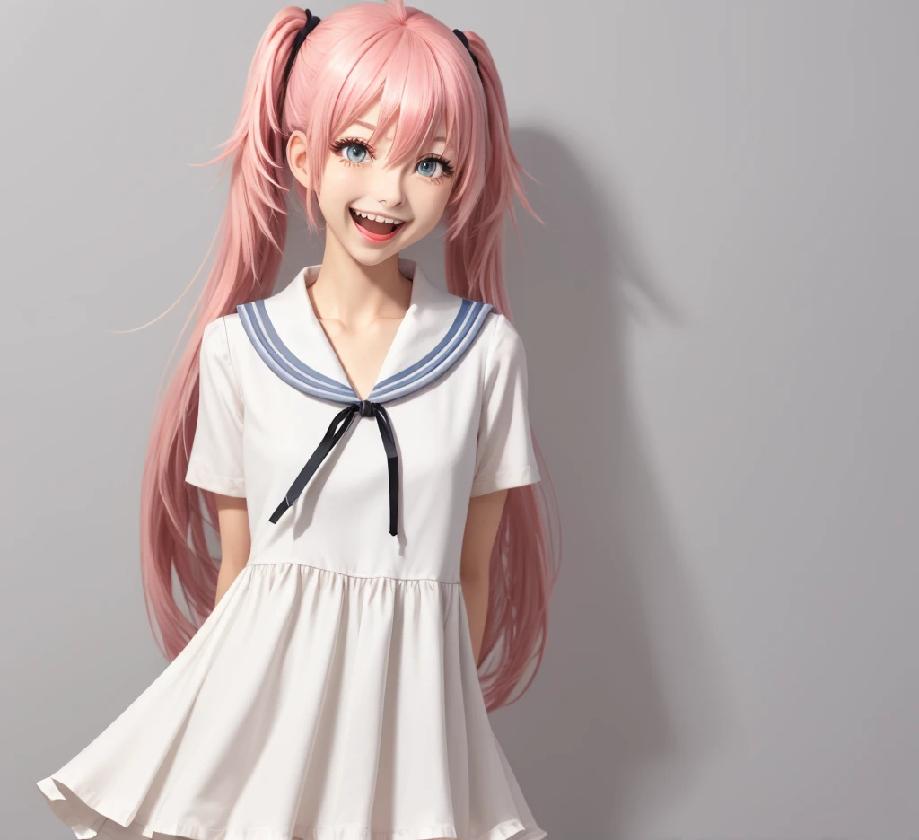Pink hair、with round face、short-cut、Twintail、Red ribbons、Pink colored contacts、eyes large、elementary student、magical little girl、skirt by the、Opening legs、White swimwear、open legal girl、eyebrows are pink、Upper body naked、Angel wings