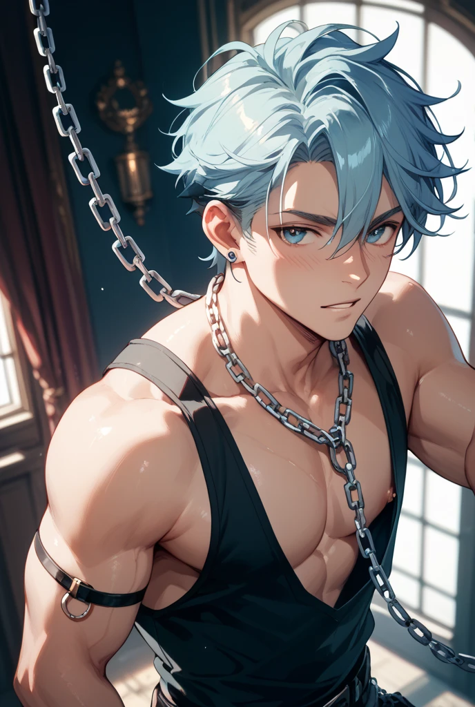 Man, masculine, blue hair, short hair, white shirt, Open shirt , bare chest, muscular chest, black pants, On his knees, angry, Tied up with chains, Arms up, arms raised to the sides , bloody, dark background, anime, red lighting