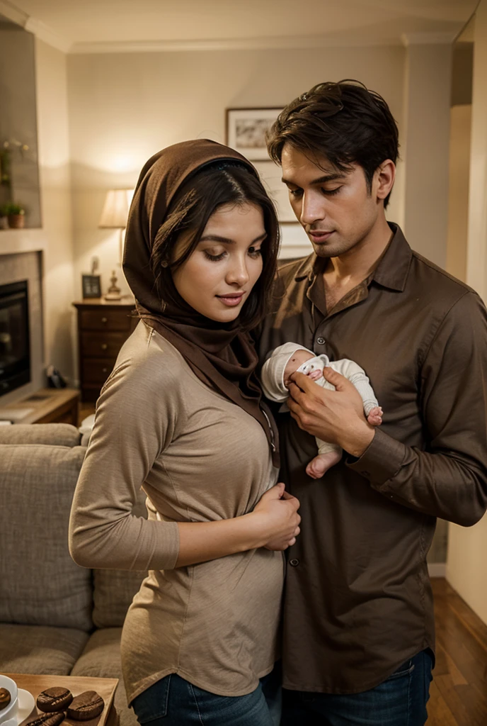 Muslim husband and wife sitting together. The wife is studying with her head on her husband's chest. The wife's clothes will be short. Nature will be in the environment.