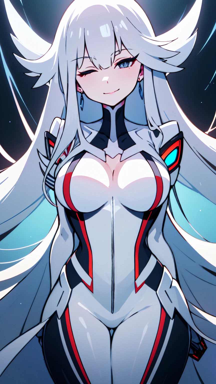 Masterpiece, High quality, High quality of art, anime lineart, 1girl,white hair, black eyes, white eyebrow, red eyeshadow, Tall, black cyber clothers, light gray cyber pants, big hips, big chest, very blush, white hearts in eyes, in future base, looking at viewer, smile, white skin