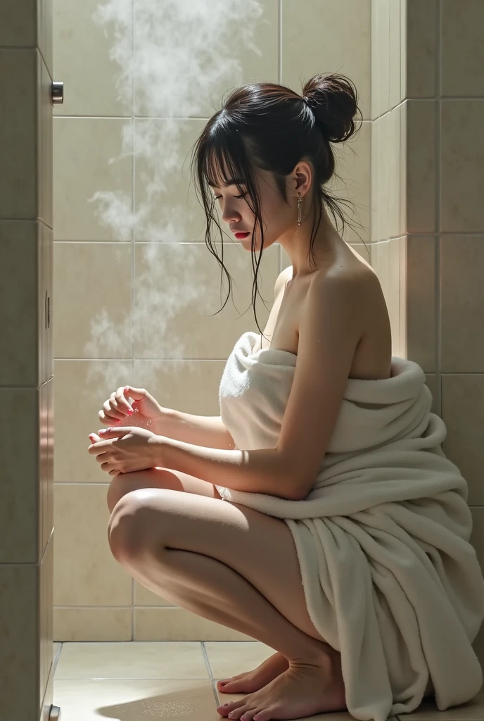 (hyperrealistic), (illustration), (high resolution), (8K), (extremely detailed), (best illustration), (beautiful detailed eyes), (best quality), (super detailed), (masterpiece), (wallpaper), (detailed face), solo, Short purple hair, magical girl, bath towel, full body soaked in bathroom , (full body focus), purple eyes, exuding magic, gloomy, light reflection