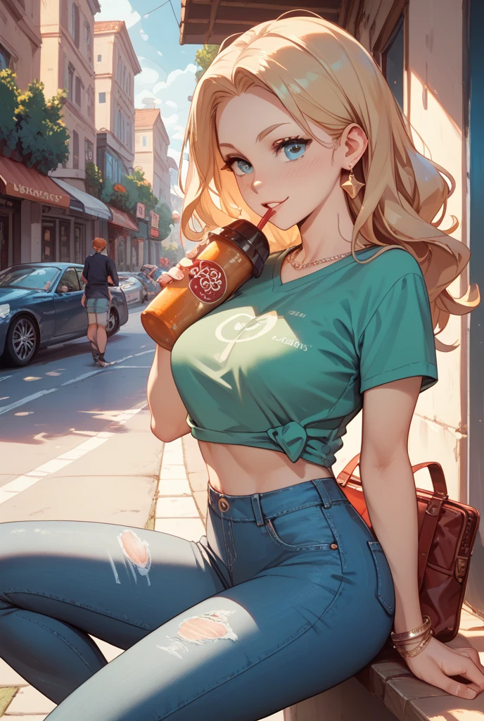 score_9, score_8_up, score_7_up, score_6_up, source_anime BREAK 1girl <lora:spaphrodite-pdxl-nvwls-v1-000005:0.8> spaphro, tiara, circlet, hair flower, lipstick, large breasts, mature female, green t-shirt, sunglasses, smirk, holding bubble tea, jeans, city