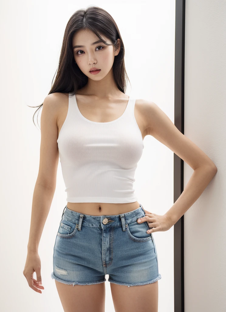 arafed woman in a white top and jeans posing for a picture, a marble sculpture inspired by Wang Yuanqi, trending on cg society, superflat, physical : tinyest midriff ever, beautiful midriff, midriff