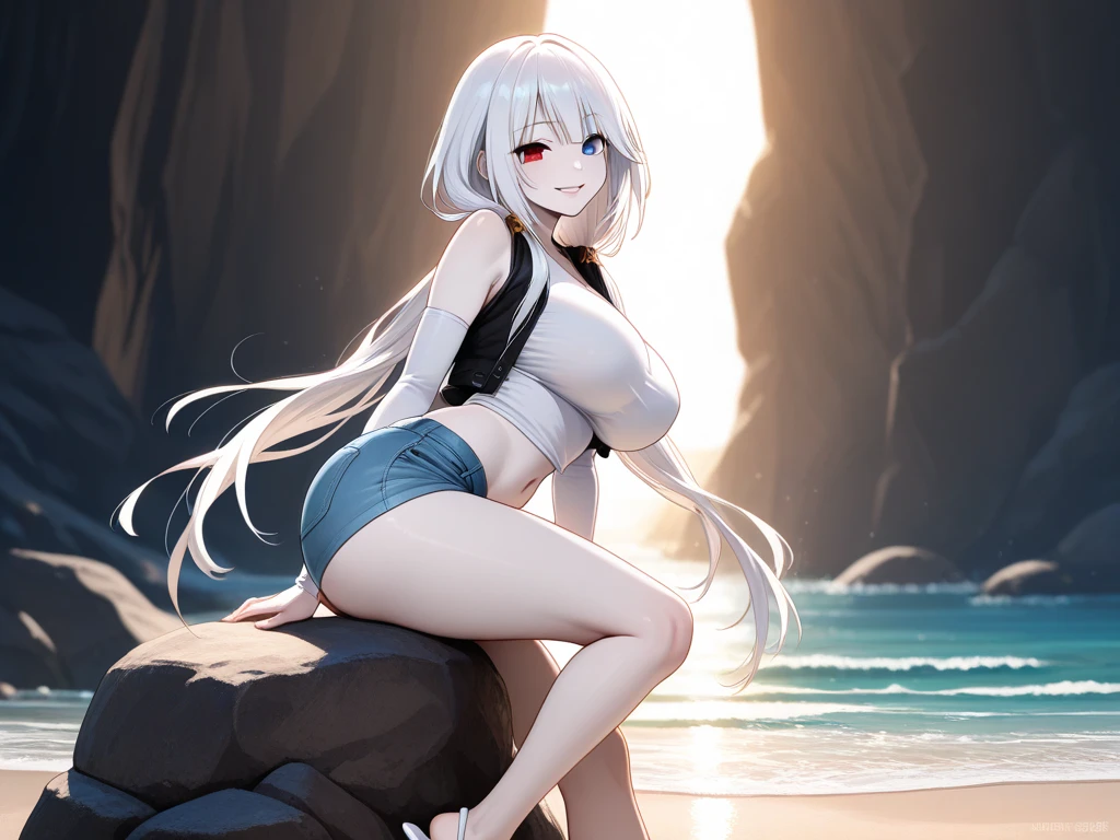 Stone corridor outside the cliff,Vista of an artificial lake,white pantyhose,black long hair,gigantic breasts,Plump thighs,Full body like, slingshot swimsuit,,no shoes,Stand at the edge of the corridor and gaze out at the view,Heavy rainy days,