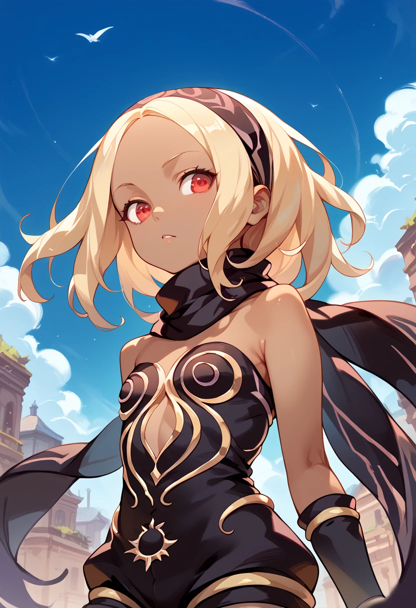 gravityrushkat, ,gravity rush kat, long hair, blonde hair, (red eyes:1.2), hairband, dark skin, dark-skinned female, nude, pussy, beautiful sky