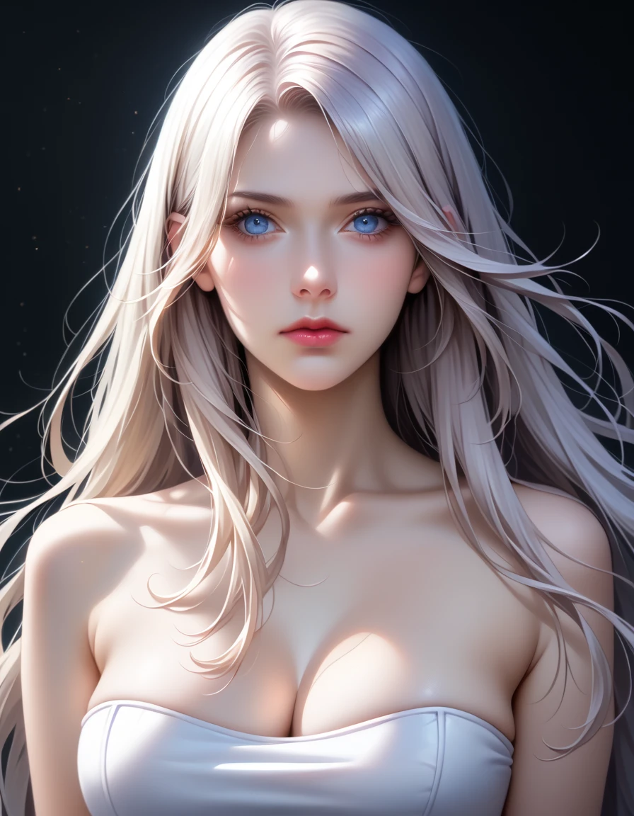 (Close-up image)((masterpiece:1.5,Highest quality,Highly detailed images,Beautiful images、Realistic、Photorealistic、2.5D))(1girl, 独奏,)(Adult women、medium beautiful breasts, white hair, beautiful eyes、Beautiful cleavage)(cleavage_cutout)(smile, wind, floating hair)(bright、Soft lighting)