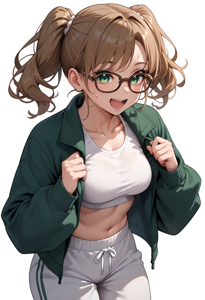 1 girl,heart-shaped pupils, hand on hips, ((((light brown hair)))), ((green eyes)), long hair, (((long ponytail hair))), Upper body, trembling, Sweat, Sweatdrop, heart, (speed line:1.1), ((Flat milk)), ((heavy breathing:1.3)), like, heart, ((smiling look)), Yandere, ((jagged teeth)), ((huge breasts)), (glasses), ((green tanktop)), ((denim jeans)), cowboy shot, ((ponytail)), ((adult)), green colored tanktop, green colored shirt, red hair donut, simple white background