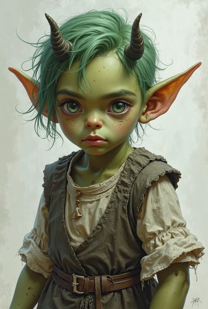 goblin  Age: Equivalent to a 4-year-old human

Appearance: Tiny with olive-green skin and dark green hair often in messy pigtails