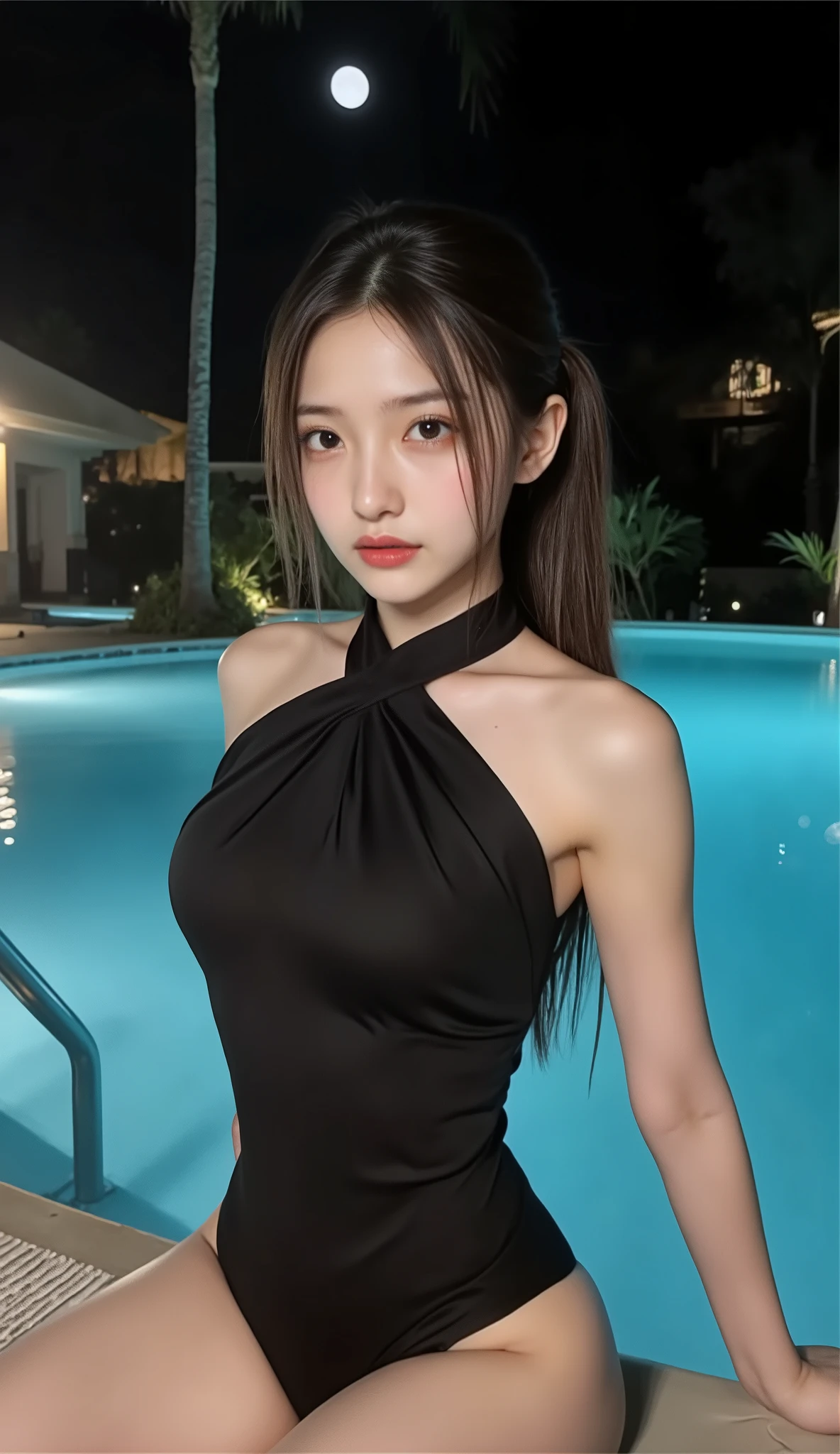 ((depicts a Korean pop idol girl who completely closes her chest。),((full body shot with mahiru)),(( Resort,night pool,light up)),((tight black swimsuit with halter neck,Close your chest completely)),(Moonlight illuminates you),(smile),((Soak in pool water)),(beautiful Korean idol makeup,beautiful lips,Dark Eye Shadow,long lashes),shiny skin staring at the camera, Show view , beautiful hair, Pure Eyes , (super long straight side ponytail hair,beautiful hair with point colors),(8k, Highest Quality , masterpiece:1.2, very detailed on trends),( is anatomically correct, Ultra Detailed Skin ,Refers to 5 books )