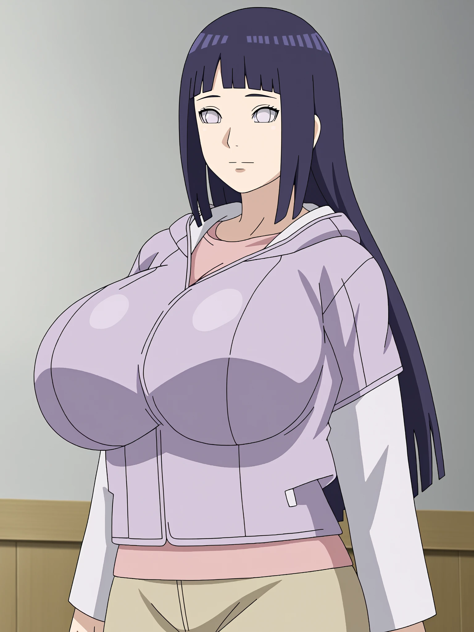 Hinata Hyuuga (((bimbo))), 1 girl, puffy lips, painted lips, thick lips, kiss face, wide hips, thick thighs, huge breast, huge ass, bubble butt, oily shiny skin, camel toe, black bikini, breasts squishy, hanging breasts, posing