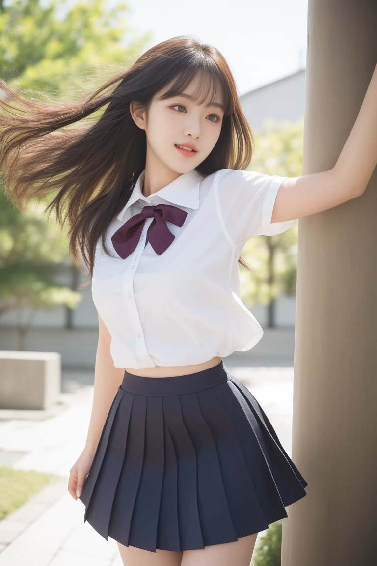 ((best qualtiy, 8K, tmasterpiece:1.3)), Sharp:1.2, perfect figure beautiful woman:1.4, Slim abs:1.2, ((Layered Hair Style, :1.2)), (Good girl outfit:1.1),(school ground:1.2),Get wet:1.5,Highly detailed facial and skin texture,A detailed eye,二重まぶた,looking up the lens,School style,Academic