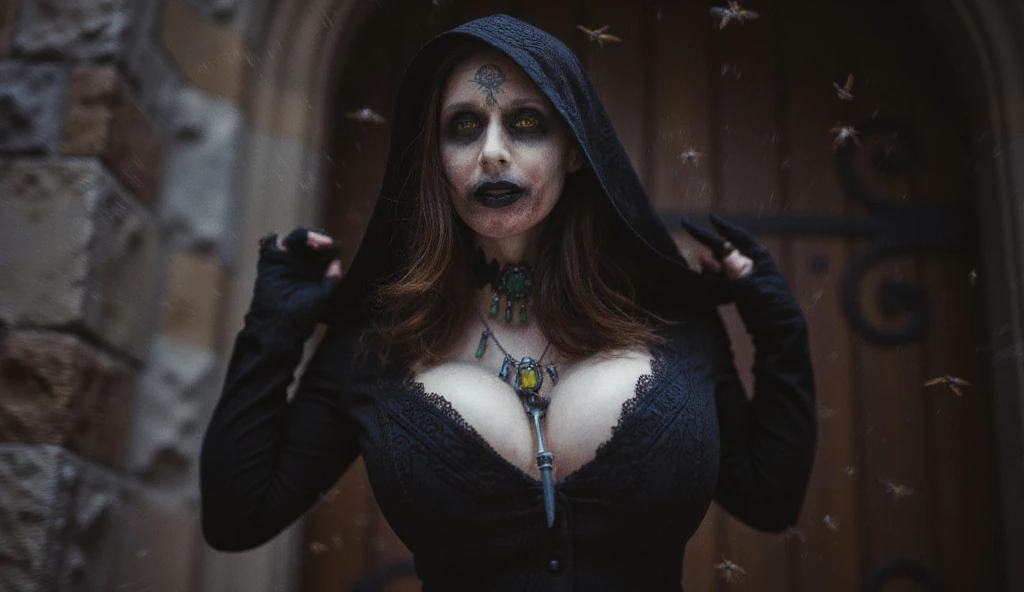 (best quality,4k,8k,highres,masterpiece:1.2),ultra-detailed,(realistic,photorealistic,photo-realistic:1.37),Halloween,spirit dressed as a witch,large breasts,ghost wearing witch costume,fear,terror,dark cemetery,haunted mansion,ominous night sky,witch hat,creepy atmosphere,moonlit backdrop,shadowy figures,spooky trees,exquisite makeup,scary facial expressions,eerie lighting,nightmarish landscape,hauntingly beautiful,macabre elements,enchanted pumpkin,terrifying creatures,horrifying shadows,startling jump scares,bloodcurdling screams,mysterious fog,ghostly apparitions,witchcraft rituals,black magic spells, sinister laughter, bone-chilling ambiance,unsettling presence,spine-tingling experience,gothic vibes,devilish grin,ominous cackling,witch's broom,otherworldly energy,evil laughter,frighteningly lifelike,ghastly eyes,spellbinding aesthetics,ghostly whispers,ghoulish figures,horror movie scene,vivid colors,night of the living dead,dark fantasy,creepiness at its finest,heart-pounding suspense, gory details,haunted forest,unearthly entities,dreadful decorations, supernatural powers,enchanting witches,ghostly makeup,mysterious atmosphere, hair-raising moments,nightmare-inducing images
