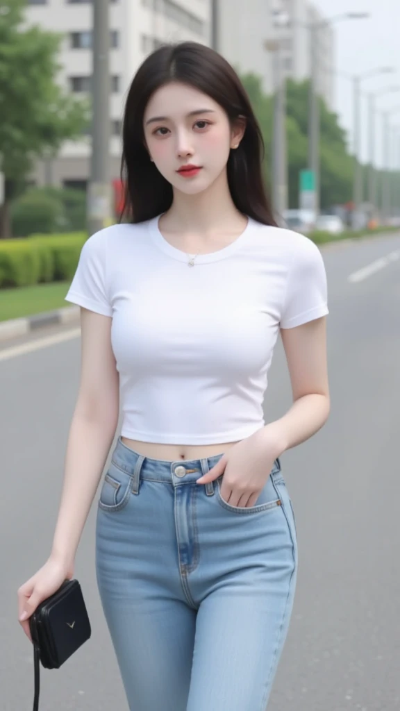 masterpiece Ultra-high resolution Ultra HD Realistic portrayal Great face Korean Idol Clear skin thick lips Provocative eyes Full body photo White tight t-shirt Denim shorts underboob