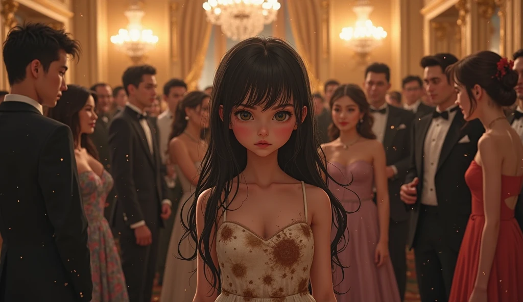A debutante in a party dress with short sleeves, covering the neck, well-rounded and pink, with long, straight black hair, slanted black eyes, light brown skin and facing forward, whole body cute