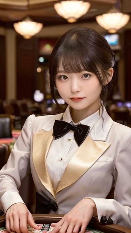 (highest quality, masterpiece:1.3, 超A high resolution), (Very detailed, Caustics), (Realistic:1.4, RAW shooting), Ultra-Realistic Capture, Very detailed,High resolution 16k, Human skin close-up, The skin texture is natural, It must be detailed enough to be easily identifiable, Skin should look healthy and have an even tone, Use natural light and color, ((Dark Blue Tuxedo:1.4)), ((the body is slim)), girl, Japanese, 18-year-old, cute, Straight Long Hair, Big Breasts, smile, Turn your body forward, (View from the front:1.1), Looking into the camera, focused on the chest, Light brown hair, ((Black choker)), Very long and bushy eyelashes, blue eyes, bangs、Luxury Hotel Lounge, Marble wall, sofa, ((Ornaments on a tray, luxurious counter:1.4)), Big Breasts, Red lips, The background is marble wall