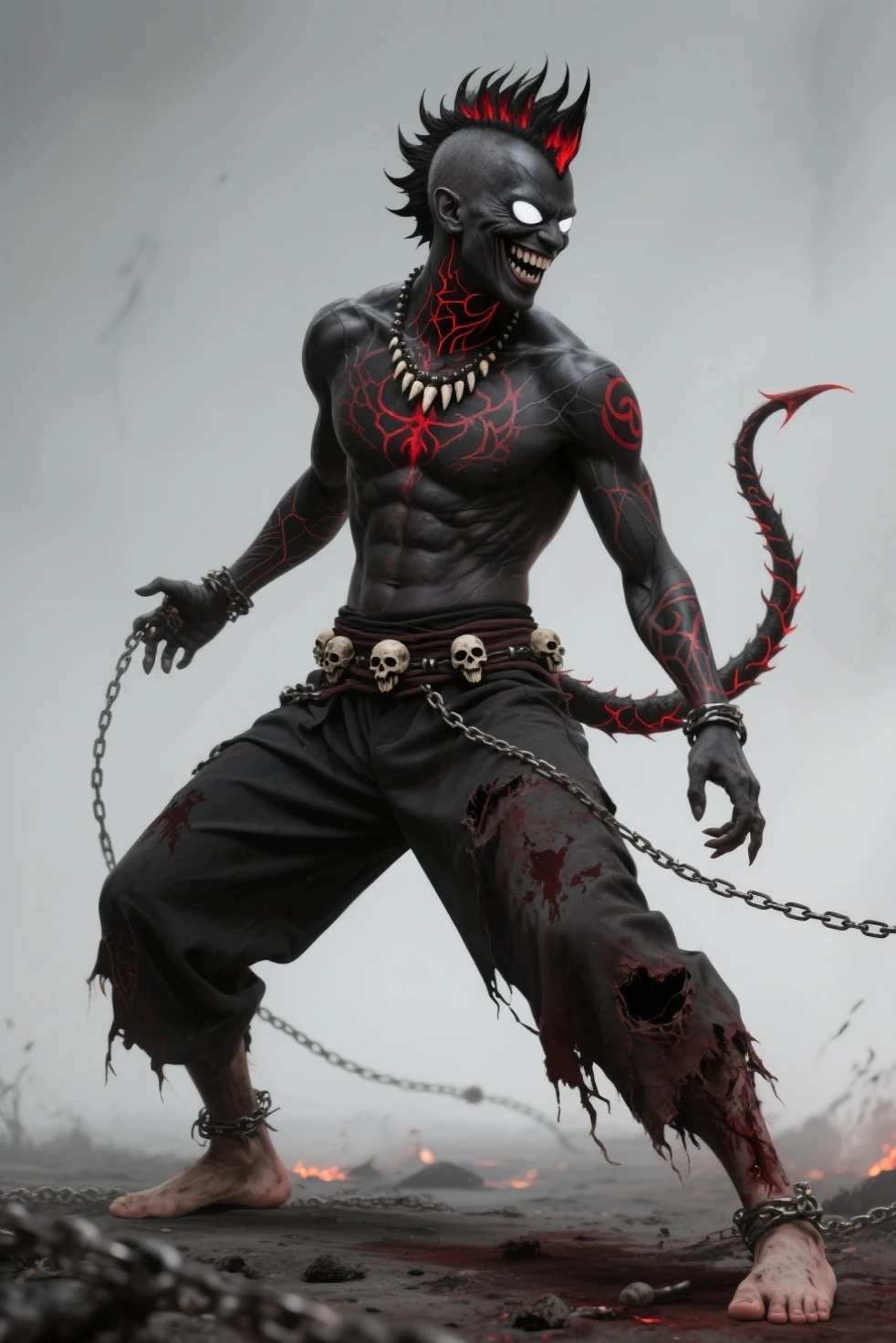 (Anime-style:1.3), (Dark and intense:1.2), A striking anime character, shrouded in shadows and poised for battle, stands against a deep crimson background adorned with menacing chains. Glowing red hollow fire particles dance around the scene, creating an otherworldly ambiance. The unique pastel look adds an ethereal touch to this dramatic and visually intense composition.
