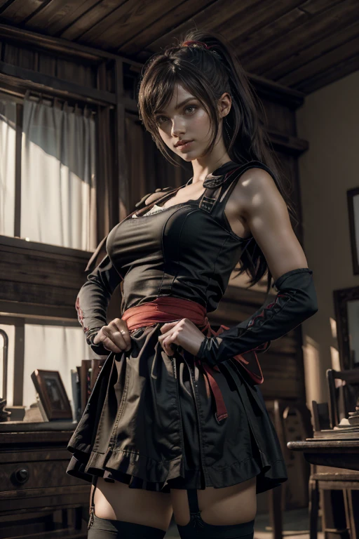 (in the darkness nigth:1),(best qualtiy),(Fidelity:1),filmposter,realistic skin textures,highly detailed,8k wallpaper,Volumetriclighting,动态照明,one-girl,Long black ponytail hair,black toga,red waistband,A small amount of armor,Shoulder blades,Waist Guard,Hand Guard,Wear a veil,Hold the sword in front of you,Ancient Chinese wind,Short sword at the waist,attack pose,blood stain,Broken clothes,Ancient Chinese Battlefield,A group of ancient soldiers chased and killed,Arrows fly,There is a lot of war,the night,Dramatic composition,Sword qi surrounding,The background is rich in detail,karo,(jiayi:1.5), closeup cleavage, tmasterpiece, best qualtiy, RAW photogr, realisticlying, the face, Incredibly Ridiculous res, depth of fields, A high resolution, ultra - detailed, finedetail, The is very detailed, Extremely detailed eyes and face, Sharp pupils, realistic pupil, tack sharp focus, cinmatic lighting