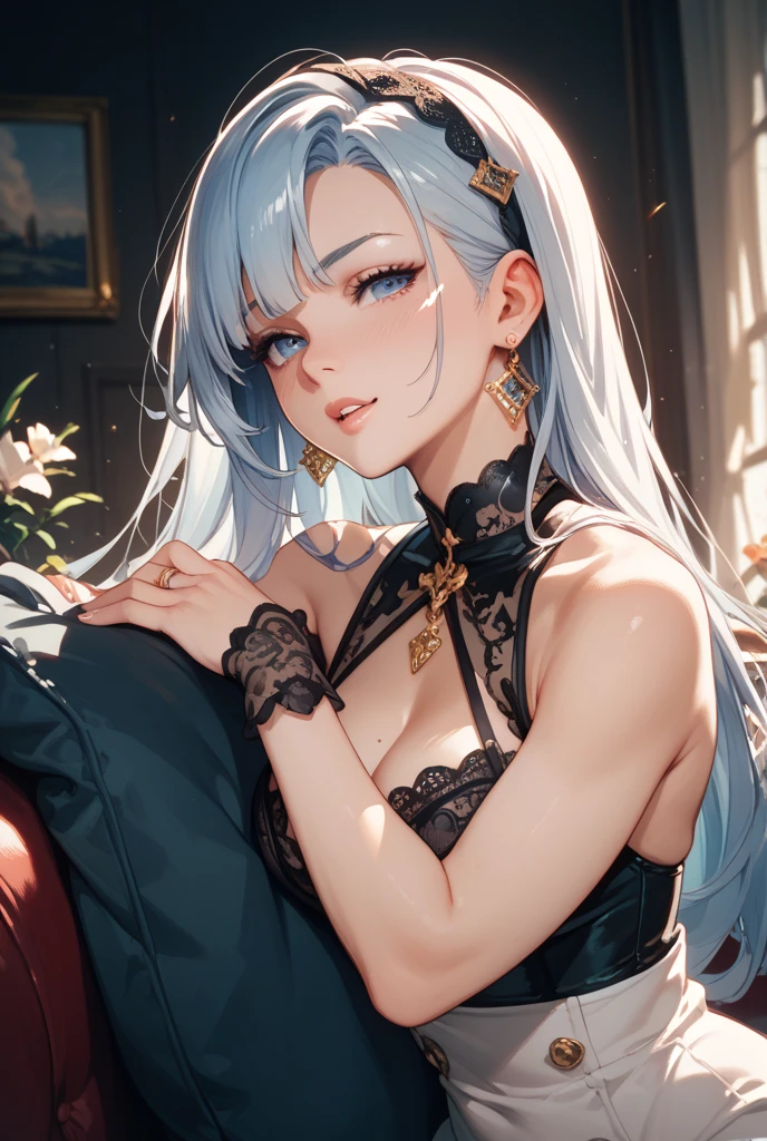 ((dark fantasy)), ((wavy hair, silver hair color, pale skin),(((green aquamarine eyes))), freckles, warm light,( 16 years old),busty,Glamour,Gorgeous,monochromes,erotic posing,Dynamic Posing,Arrange Pose,Dramatic,Cinematic,Detailed background, Dynamic Angle,From the angle of the film,Gothic background, Dark fantastic view,Best Quality,masutepiece,8K,The ultimate detailed dark background, Top image quality、RAW photography、超A high resolution,cropped shoulders, overall look is very erotic、Shot for one person only, model shoot, Large round chest, Beautiful Eyes of Details、Very slender eyes、Beautiful eyelashes、Very slim physique, with blush cheeks,Pearl Beaded Bralet Top, ((pearl top)), ((pearl bra))