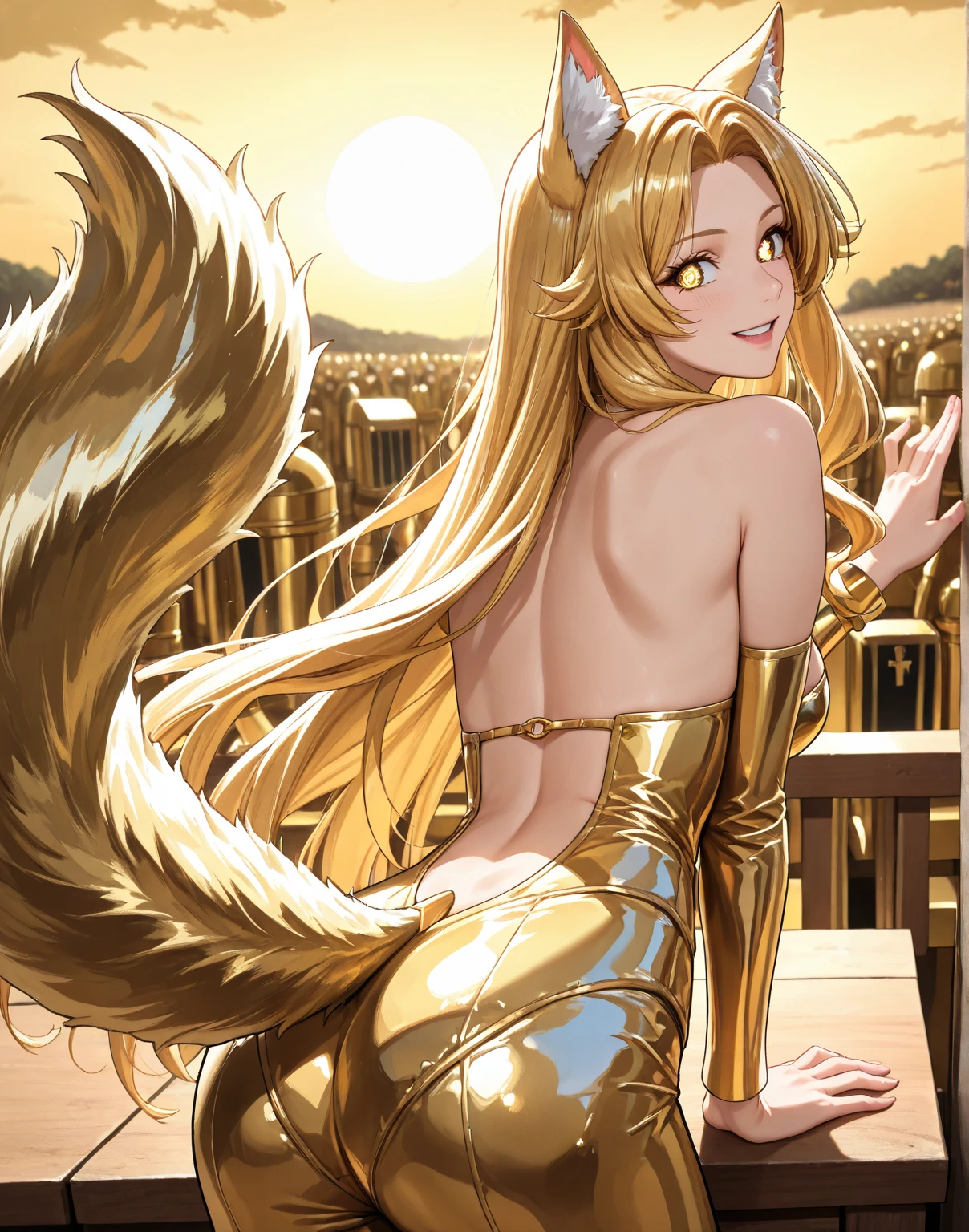 Highest quality,Highest Resolution,Beautiful smiling girl in a yellow fox leotard,High leg,Very beautiful eyes,Bedroom,Night view outside the window,((Fox tail)),