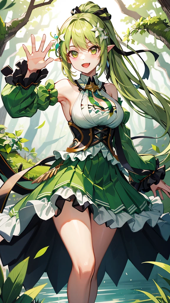 masterpiece, best quality, highres, rena1st, long hair, green hair, high ponytail, hair flower, hair ribbon, large breasts, neck ribbon, frilled dress, detached sleeves, green sleeves, green skirt, frilled skirt, <lora:rena_v1:0.7>, cowboy shot, standing, outdoors, forest, smile,