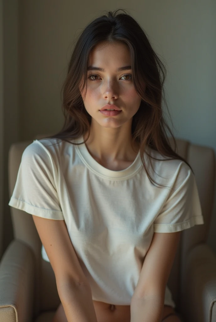 Image of a young brunette who looks sad in a t-shirt