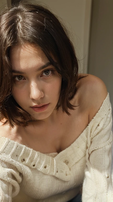 21 year old girl, short hair with bangs, nude, in a cozy cabin, perfect eyes, (covered in a blanket), detailed skin, intricate details, masterpiece, moles, tan lines, realistic, natural lighting, dark style, light blacks, low contrast style, 8mm film, analog photography style, film style, natural lighting, cinematic lighting, grainy, best quality,beautiful, highly detailed, 8K, head tilt, morning, green eyes