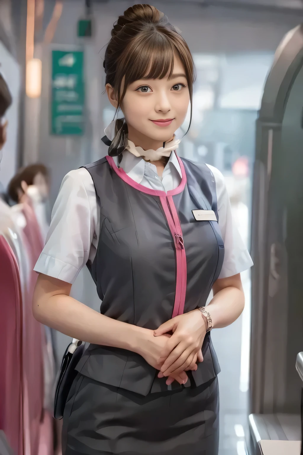 (masterpiece:1.2, Highest Quality:1.2), 32kHDR, high resolution, (alone、one girl)、( station platform、professional lighting)、Empty station platform background 、( the realistic style of the JR Gran Class crew uniform)、Short sleeve blouse、scarf wrapped around the neck、( JR Gran Class flight attendant uniform with pink parts on the sleeve of the skirt )、( The JR Gran Class flight attendant uniform has a pink line on the front zipper of the vest.)、Dark Brown Hair、(bread、 hair tied)、Dark Brown Hair、Long Hit、Big Breasts、(( amazing hands:2.0)),((A harmonious body shape:1.5)),((normal limbs:2.0)),((Usually refers to:2.0)),((watch:2.0)),((Normal eyes:2.0)))、Big Breasts、 Fine Necklace、smile、Beautiful position, place your hands around your stomach