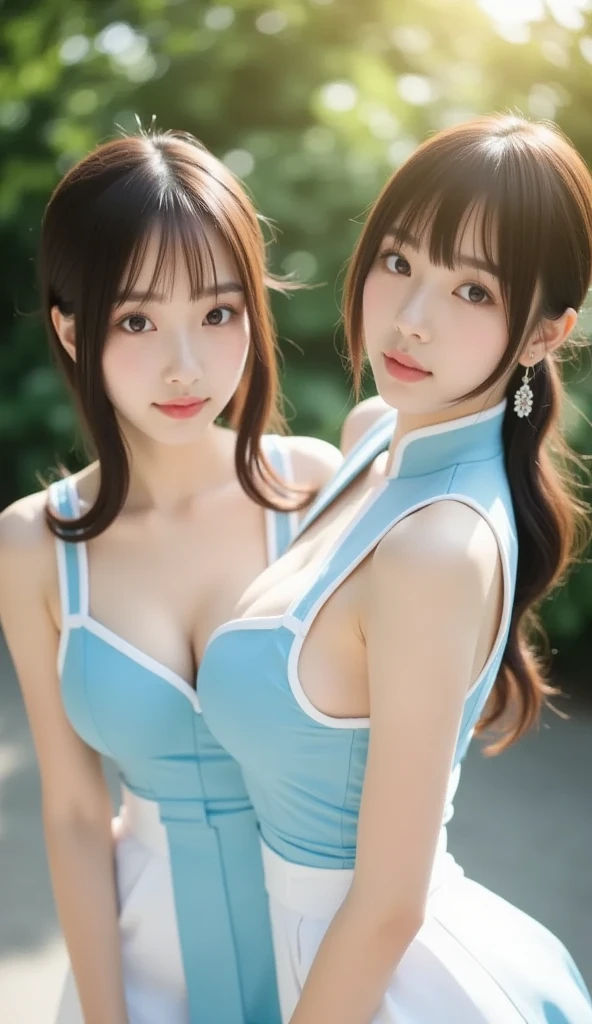 Two girls are playing and hugging each other from behind,,Cute junior high school girl like an angel,With a happy smile,Accurately drawn faces,Flat Chest,Anatomically correct,Accurate Fingers,A girl hugs another girl from behind and touches her breasts,,white mini sailor dress,White Beret,They both wear matching clothes.....,Her skirt is flipped up、Blue pants are peeking out a little..,healthy,Active Poses and Angles,In a bright park,masterpiece,high quality,((((Emphasize cleavage))))