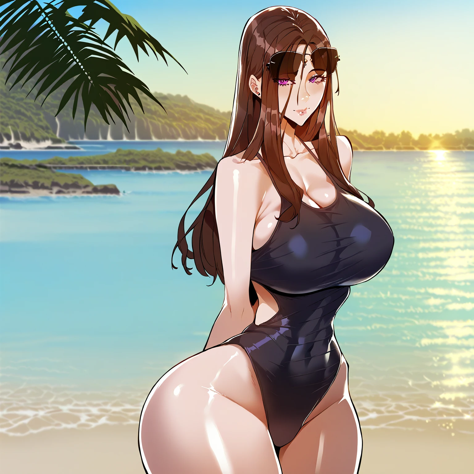 40 year old woman with olive skin, chiselled jaw, big eyes, fit toned voluptuous body, wearing a micro bikini, with long brown hair, and green eyes at the beach